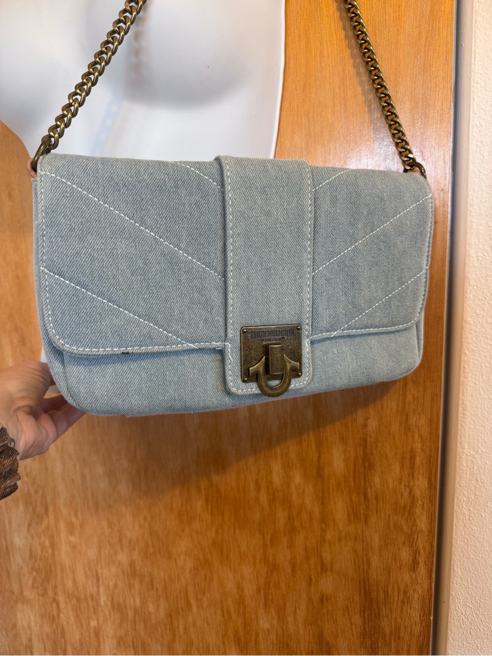 True Religion Light Blue Denim Chain Shoulder Bag with Brass Hardware